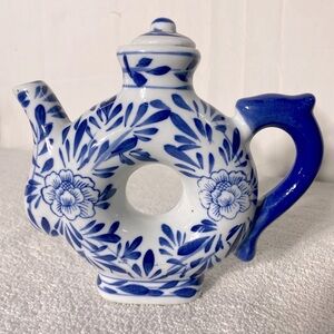 Vintage Blue White Ceramic Floral Donut Shaped Teapot